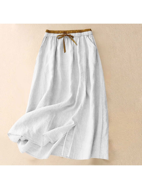 Women's Linen Blend Elastic Waist Maxi Skirt ,Vintage Casual Summer Loose Fit Skirt a-White,Women's Plus L