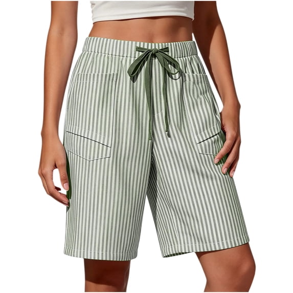 Binmer Women's Linen Blend Striped Drawstring Elastic Waist Shorts with Pockets ,Casual Summer Beach Bermuda Pants Green,Women's Plus L
