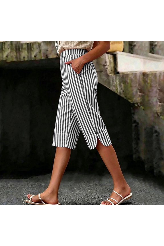 Women's Linen Blend Striped Knee Length Shorts with Pockets ,Solid Color Casual Summer Bermuda Short A-Black,Women's Plus XXXL