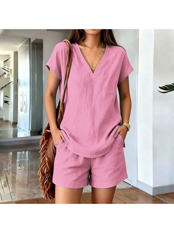 Women's Linen Blend V Neck Short Sleeve Top and High Waisted Shorts Set ,Casual Summer Two Piece Outfit Pink,Women's Plus XXL