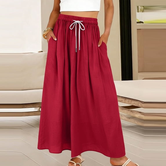 Binmer Women's Linen Drawstring Elastic Waist Maxi Skirt with Pockets ,Solid Color Casual Ankle Length Skirt Red,Women's Plus S