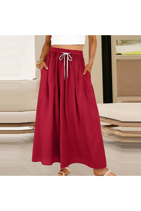 Women's Linen Drawstring Elastic Waist Maxi Skirt with Pockets ,Solid Color Casual Ankle Length Skirt Red,Women's Plus XXL