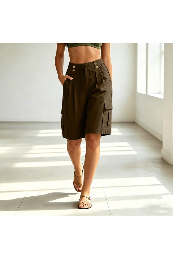 Women's Linen Drawstring Wide Leg Cargo Shorts with Button and Pockets ,Solid Color Casual Summer Short Brown,Women's Plus S