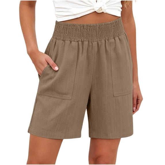 Binmer Women's Linen High Waist Elastic Waist Shorts, Casual Summer Short with Pockets for Vacation Khaki,Women's Plus XL