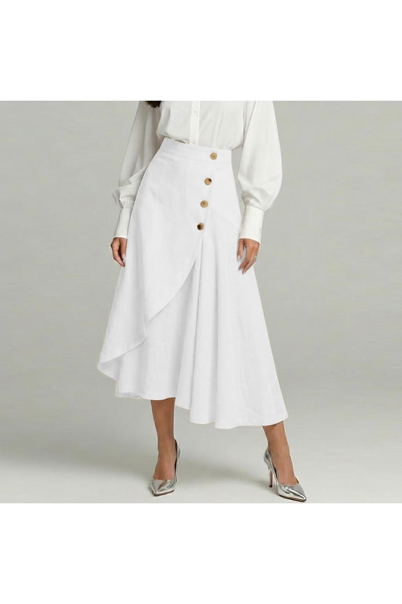 Women's Linen High Waisted A Line Midi Skirt,Casual Button Front Flared Skirt for Work White,Women's Plus XXXL