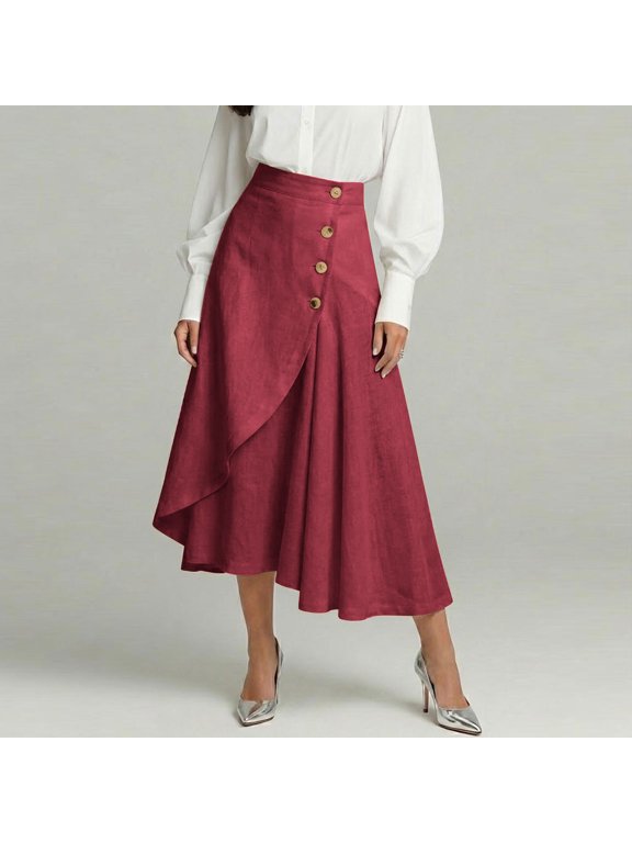 Women's Linen High Waisted A Line Midi Skirt,Casual Button Front Flared Skirt for Work Wine,Women's Plus L