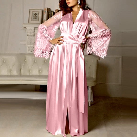 Binmer Women's Long Satin Kimono Robe with Lace Cuffs ,Elegant Loungewear Sleepwear Pink,Women's Plus XL