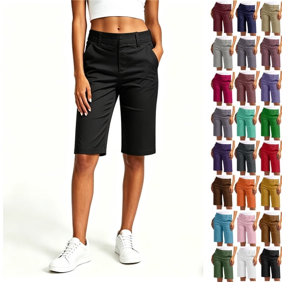 Binmer Women’s Mid-Rise Straight Leg Bermuda Chino Shorts, Womens and Women's Black,Size S-5XL