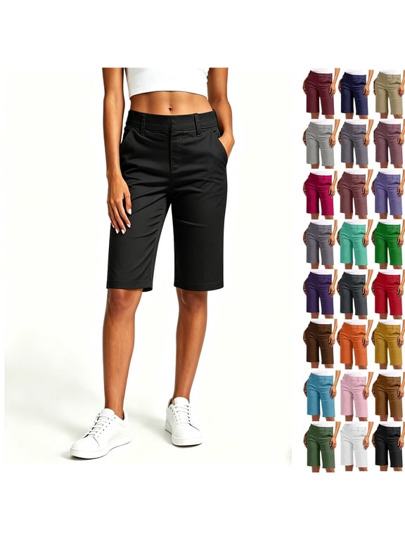 Women’s Mid-Rise Straight Leg Bermuda Chino Shorts, Womens and Women's Black,Size S-5XL