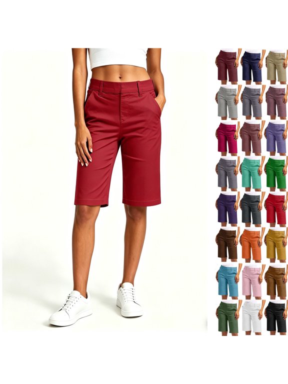 Women’s Mid-Rise Straight Leg Bermuda Chino Shorts, Womens and Women's Red,Size S-5XL