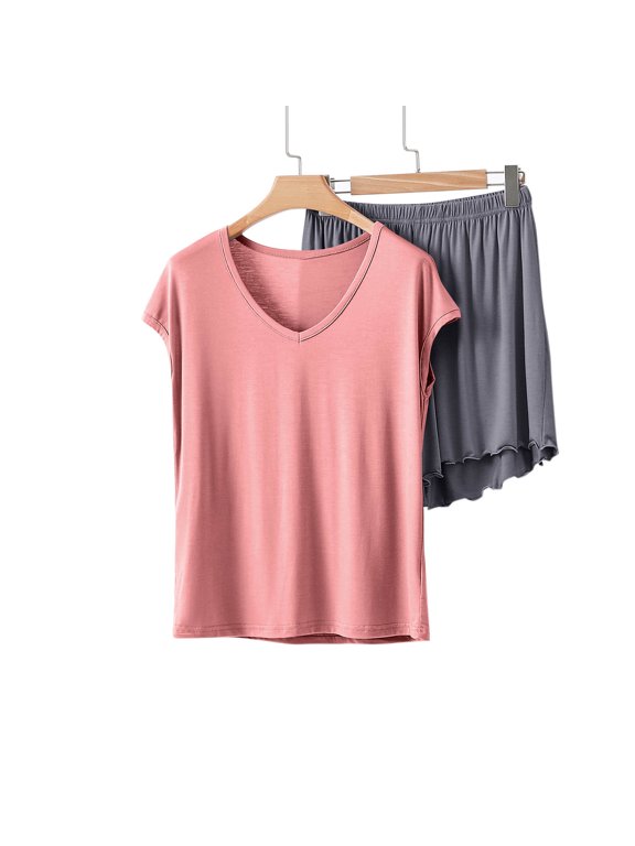 Women's Modal Crew Neck Short Sleeve Top and Shorts Set, Loose Fit Soft 2-Piece Loungewear Pink,Women's Plus XXL