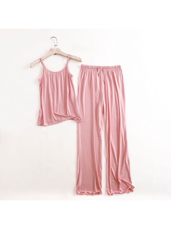 Women's Modal Loose Fit Spaghetti Strap Camisole and Ruffle Hem Shorts Pajama Set,Solid Color Two-Piece Summer Loungewear Pink,Women's Plus XXL