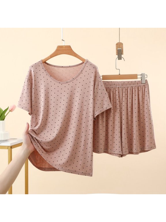 Women's Modal Polka Dot Print Two-Piece Pajama Set ,Short Sleeve Crewneck Top and Elastic Waist Shorts Lounge Sleepwear Set Beige,Women's Plus XXL