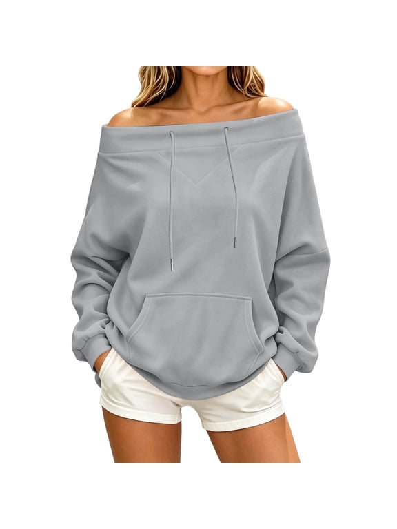 Women’s Off Shoulder Hooded Sweatshirt Long Sleeve Pullover With Pocket,Sizes S-2XL