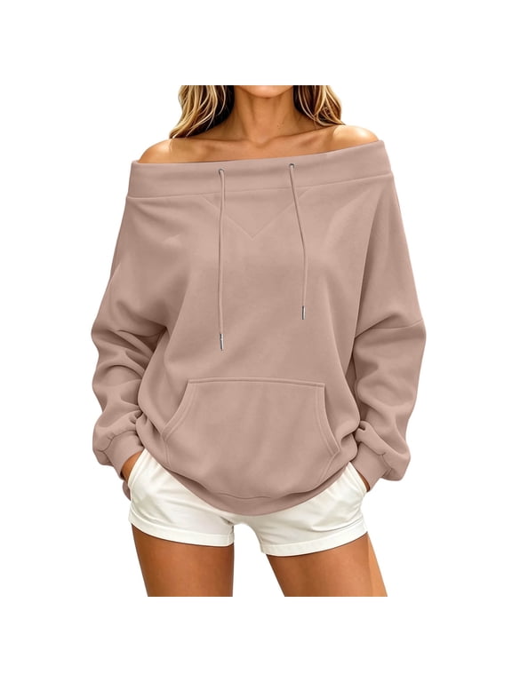 Women’s Off Shoulder Hooded Sweatshirt Long Sleeve Pullover With Pocket,Sizes S-2XL