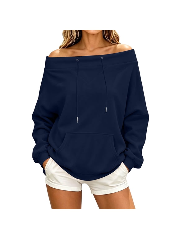 Women’s Off Shoulder Hooded Sweatshirt Long Sleeve Pullover With Pocket,Sizes S-2XL