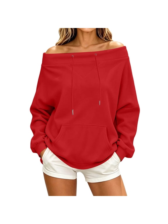 Women’s Off Shoulder Hooded Sweatshirt Long Sleeve Pullover With Pocket,Sizes S-2XL