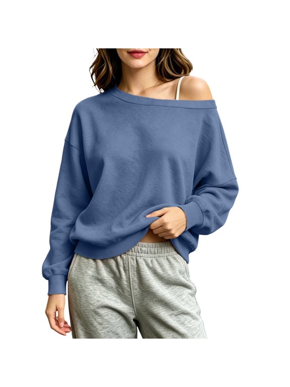 Women’s Off Shoulder Solid Sweatshirt Long Sleeve Loose Casual Pullover Top,Sizes S-3XL