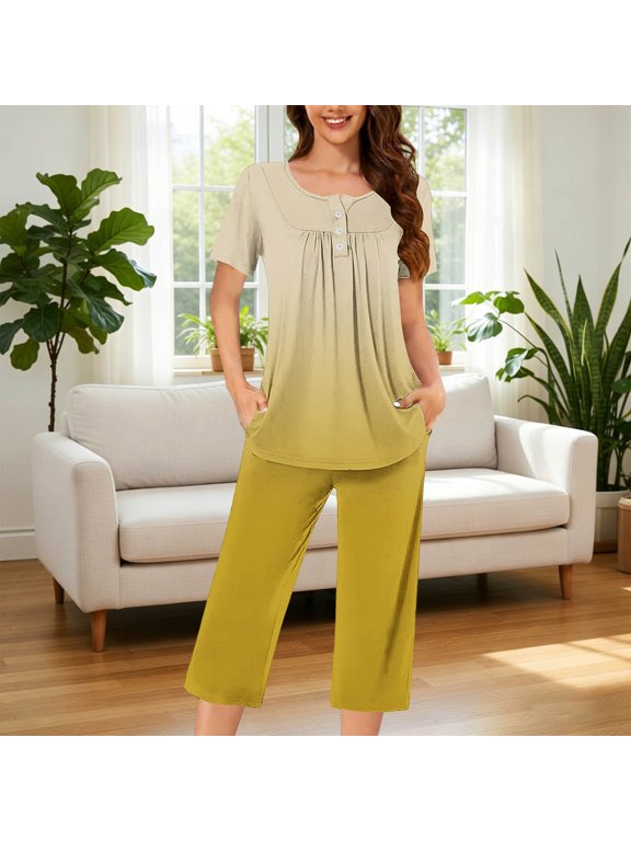Women's Ombre Print Round Neck Pajama Set, Short Sleeve Top and Capri Pants Loungewear Sleepwear Orange,Women's Plus XXXL
