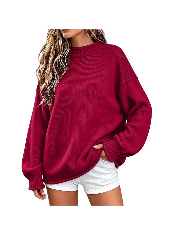 Women’s Oversized Mock Neck Knit Pullover Sweater Long Sleeve Loose Fit Knitted Jumper Ladies Casual Everyday Sweater Top,Sizes S-3XL
