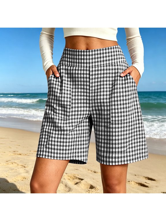 Women’s Plaid Elastic High Waist Bermuda Shorts with Pockets,Summer Casual Beach Midi Shorts Black,Women's Plus M
