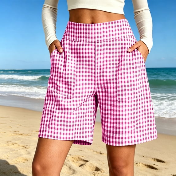 Binmer Women’s Plaid Elastic High Waist Bermuda Shorts with Pockets,Summer Casual Beach Midi Shorts Pink,Women's Plus XL
