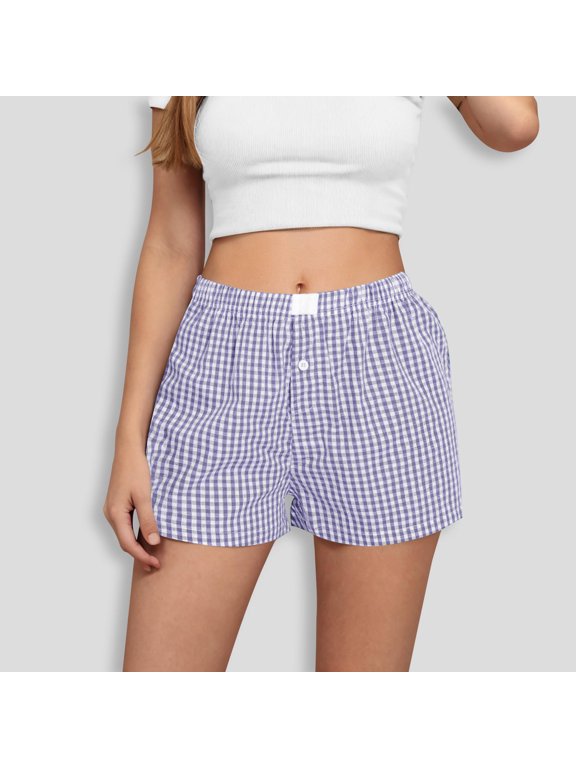 Women’s Plaid Elastic High Waist Shorts with Drawstring ,Casual Loose Fit Summer Beach Shorts with Pockets Purple,Women's Plus XXL