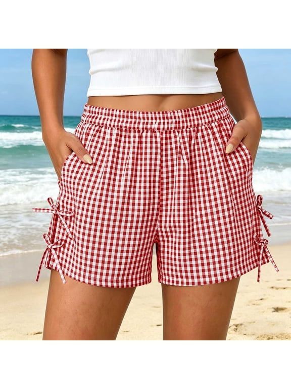 Women’s Plaid Elastic High Waist Shorts with Lace Up Sides,Casual Summer Shorts with Pockets Red,Women's Plus XXL