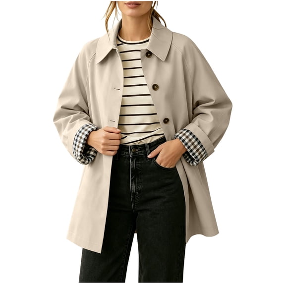 Binmer Women’s Plaid Lined Trench Jacket Button Front Mid Length Casual Outerwear With Pockets,Sizes S-2XL