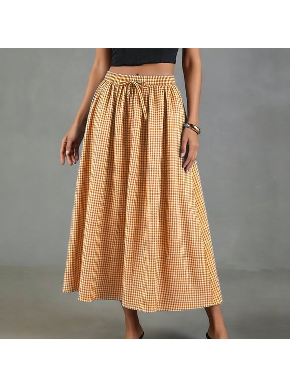 Women's Plaid Linen Blend Elastic Waist Maxi Skirt ,Vintage Casual Summer Loose Fit Skirt Orange,Women's Plus M