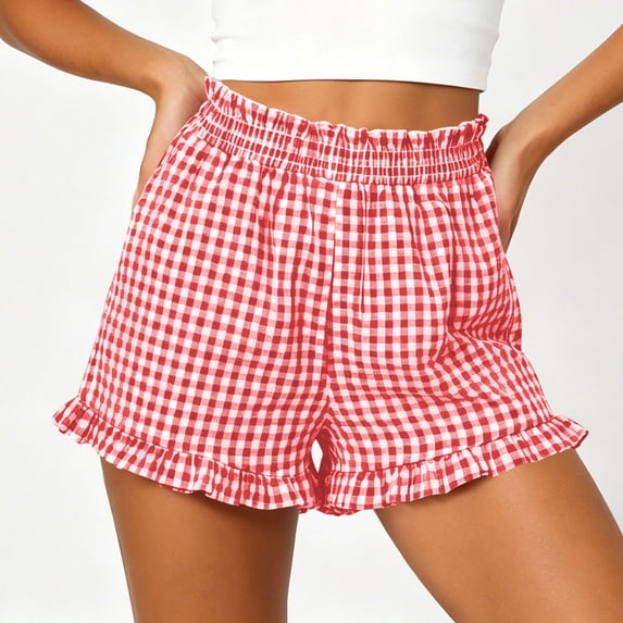 Binmer Women’s Plaid Print Elastic High Waist Shorts with Pockets,Casual Summer Beach Flowy Shorts Red,Women's Plus M