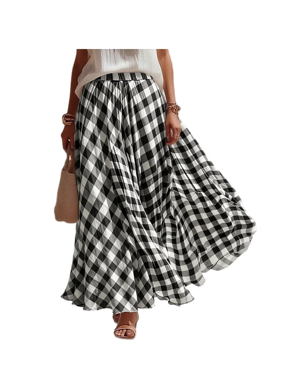 Women's Plaid Print High Waisted Pleated Chiffon Maxi Skirt,Elegant Flowy Casual Long Skirt Black,Women's Plus L