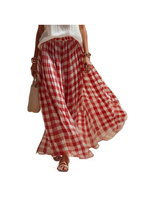 Women's Plaid Print High Waisted Pleated Chiffon Maxi Skirt,Elegant Flowy Casual Long Skirt Red,Women's Plus L