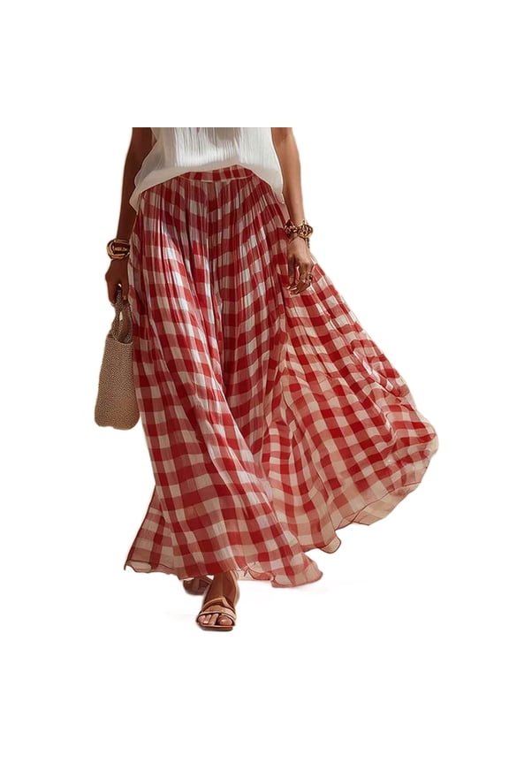 Women's Plaid Print High Waisted Pleated Chiffon Maxi Skirt,Elegant Flowy Casual Long Skirt Red,Women's Plus L