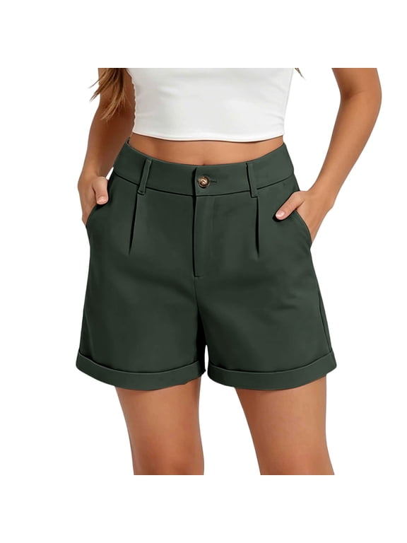 Women's Pleated High Waist Roll Cuff Dress Shorts with Pockets,Casual Loose Fit Work Shorts Green,Women's Plus L