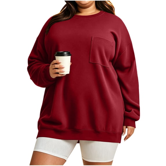 Binmer Women’s Plus Size Crew Neck Long‑Sleeve Sweatshirt, Oversized Casual Solid Color Pullover Top with Front Pocket,Sizes L-5XL