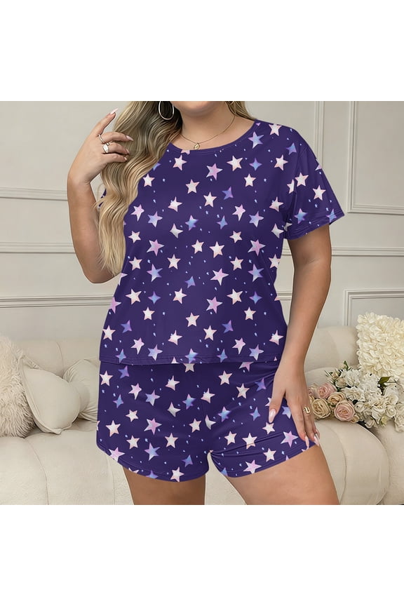 Women's Plus Size Polka Dot Pajama Set, Short Sleeve Crew Neck Top and Shorts Loungewear for Summer Blue,Women's Plus XXL