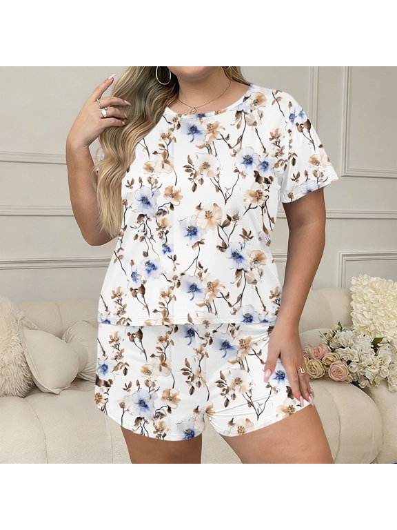 Women's Plus Size Print Pajama Set, Short Sleeve Crew Neck Top and Shorts Loungewear for Summer White,Women's Plus XL