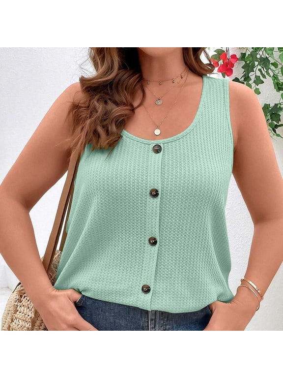 Women's Plus Size Scoop Button Front Sleeveless Tank Top, Casual Solid Color Basic Blouse Mint Green,Women's Plus XXXL