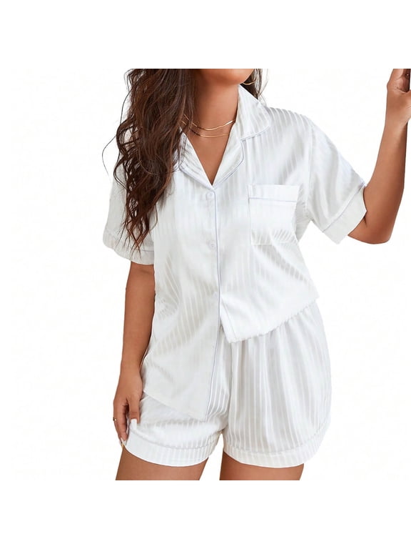 Women's Plus Size Short Sleeve Top and Shorts Pajama Set ,Casual Summer Loungewear Sleepwear Short-White,Women's Plus XXL