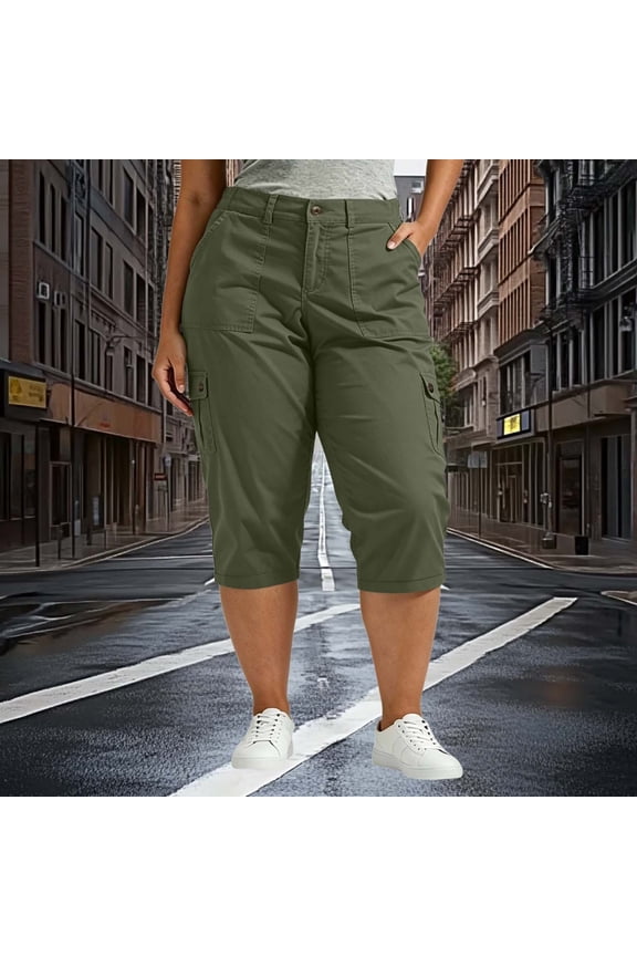 Women's Plus Size Solid Color Elastic Waist Cargo Capri Pants with Pockets ,Casual Summer Cropped Trousers Army Green,Women's Plus L