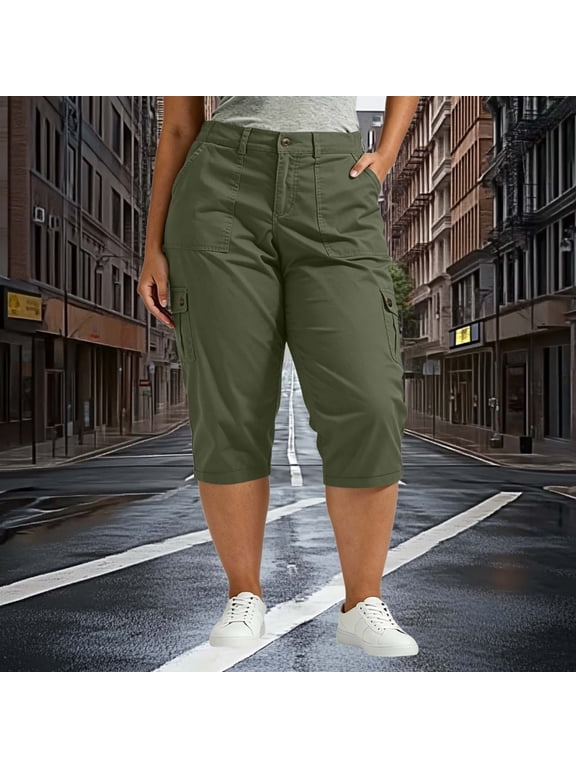 Women's Plus Size Solid Color Elastic Waist Cargo Capri Pants with Pockets ,Casual Summer Cropped Trousers Army Green,Women's Plus XXL