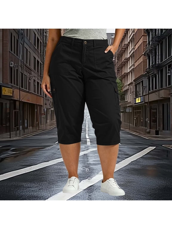 Women's Plus Size Solid Color Elastic Waist Cargo Capri Pants with Pockets ,Casual Summer Cropped Trousers Black,Women's Plus XXXXL