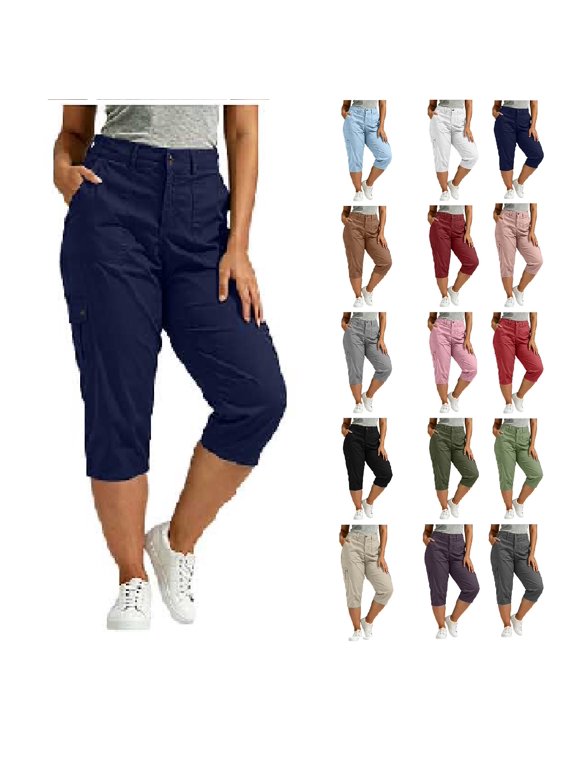 Women's Plus Size Solid Color Elastic Waist Cargo Capri Pants with Pockets ,Casual Summer Cropped Trousers,Dark Blue,Women's Capri L
