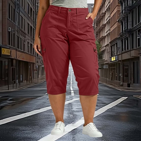 Binmer Women's Plus Size Solid Color Elastic Waist Cargo Capri Pants with Pockets ,Casual Summer Cropped Trousers Red,Women's Plus L