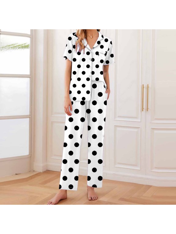 Women's Polka Dot Button Down Pajama Set,Short Sleeve Top and Long Pants Loungewear White,Women's Plus XXL