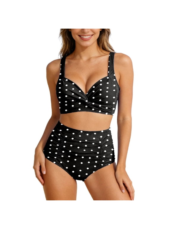 Women's Polka Dot Cross V Neck Bikini Set, High Waist 2-Piece Swimsuit, Adjustable Strap Bathing Suit for Beach Black,Women's Plus L