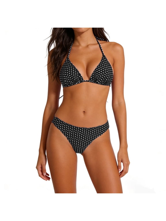 Women's Polka Dot Print Tie-Front Bikini Set ,Two-Piece Swimsuit for Beach Vacation Black,Women's Plus L