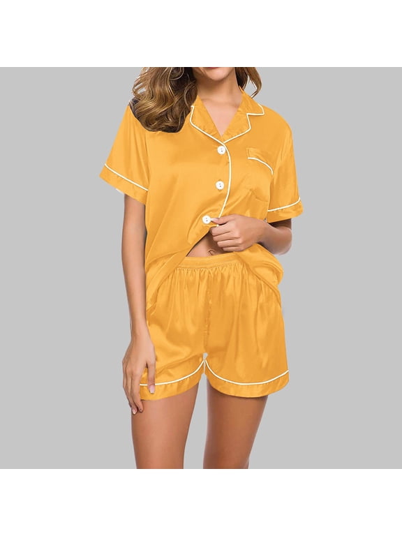 Women's Printed Notch Collar Short Sleeve Button-Down Top and Shorts Pajama Set ,Casual Two-Piece Sleepwear Yellow,Women's Plus XXL