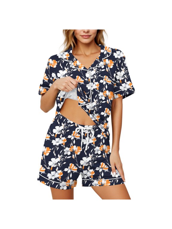 Women's Printed Notch Collar Short Sleeve Top and Shorts Pajama Set with Pockets ,Casual Loungewear Sleepwear Orange,Women's Plus XXL